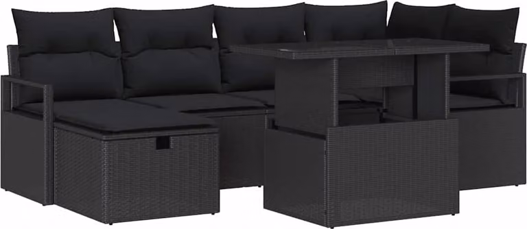 Set Divano da Giardino con cuscino 7 pcs Nero Poly Rattan