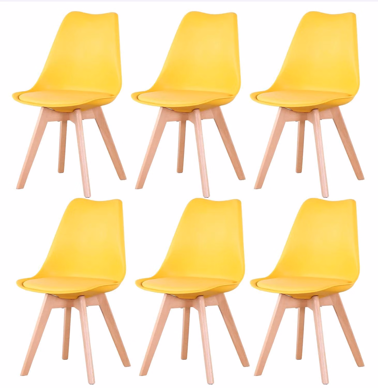 Set di 6 sedie da pranzo - Sedie imbottite - Rivestite in ecopelle di poliuretano con seduta imbottita - Gambe in legno di faggio - Senza braccioli - Design scandinavo - Dimensioni: 82x55x48 cm - Colore: giallo