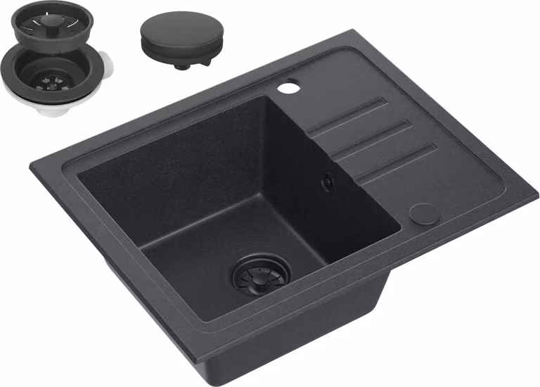 VBChome Lavello Granito Nero 55 x 44 cm Lavello da incasso a una vasca Speckled Lavello reversibile in granito Nero Lavabo a sifone