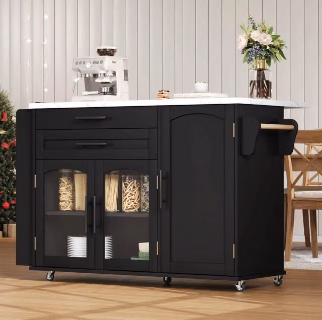 Carrello da cucina pieghevole con ante in vetro temperato; cassetti e ruote bloccabili in MDF nero
