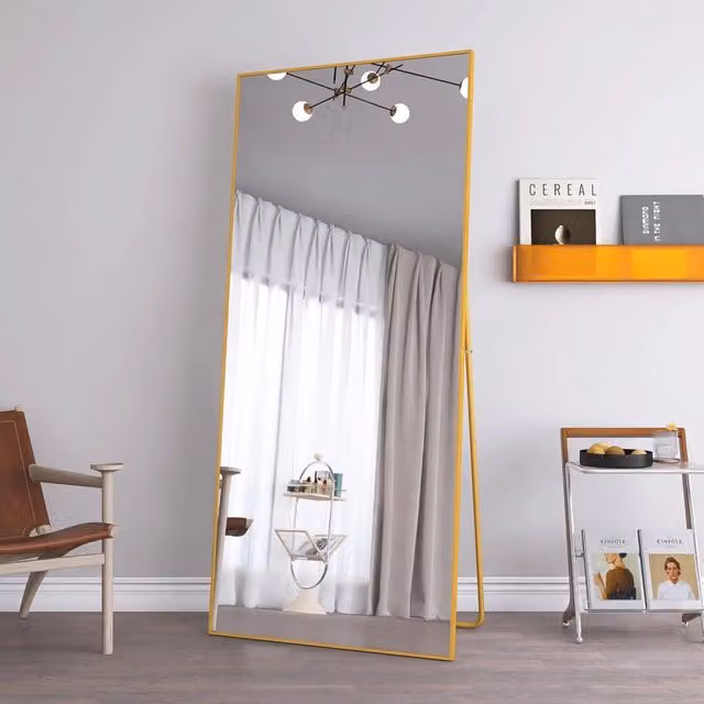 Specchio a figura intera 180x80 cm; specchio rettangolare; specchio da terra con supporto; autoportante o da appoggio; specchio da parete; oro