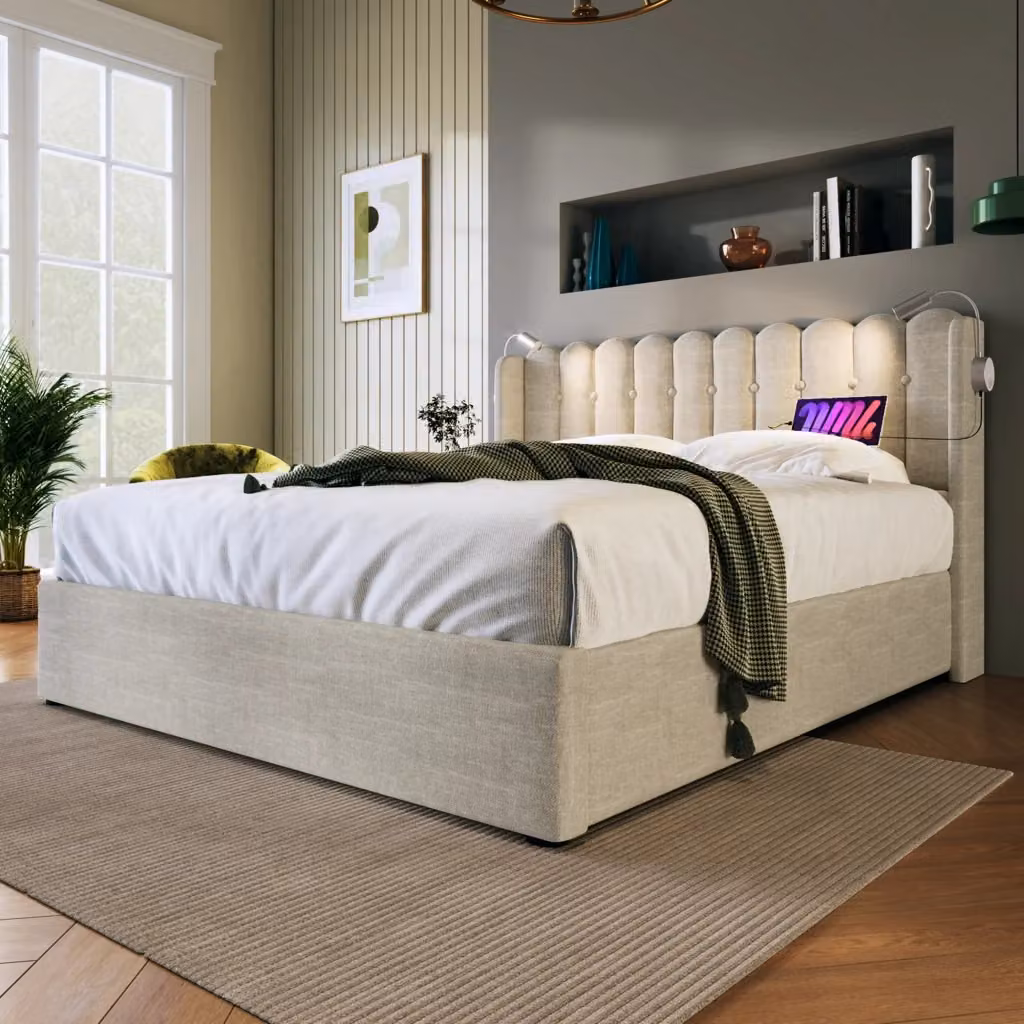 Letto contenitore Mivray in tessuto beige con luce da lettura e porte USB, L/P/H: 160 x 200 x 103 cm – 2