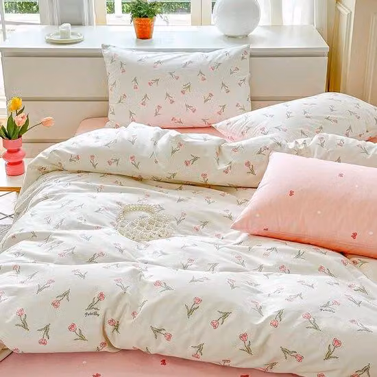 Set di lenzuola Ibbenzoa® composto da 3 pezzi, dimensioni 200 x 200 cm, 100% cotone, copripiumino reversibile con motivo floreale rosa/bianco, 2 federe, chiusura a zip nascosta, angoli con laccetti