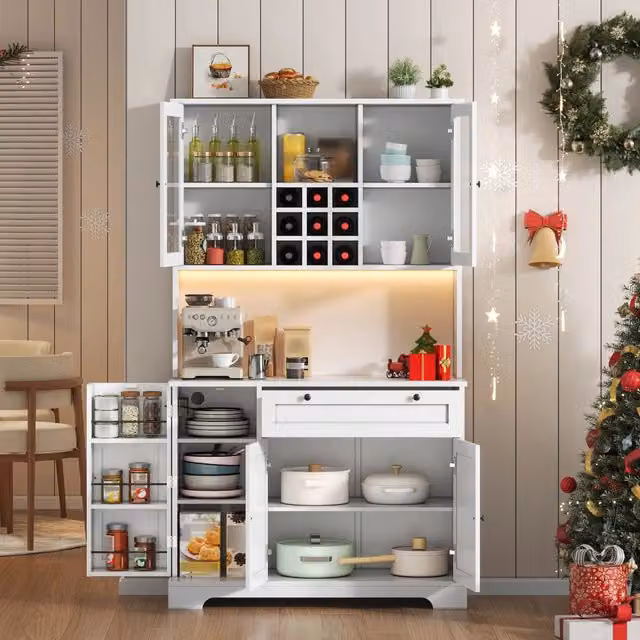 Armadio Cucina con Vetrina, Ripiani e LED ¨C MINIMAL ¨C Bianco 180x105x40