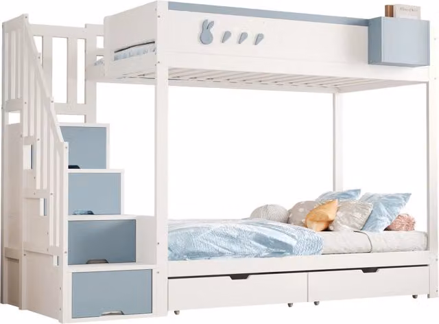 Letto a castello REDOM per bambini in legno laccato bianco e blu con scala e ripiano, L/P: 90 x 200 cm