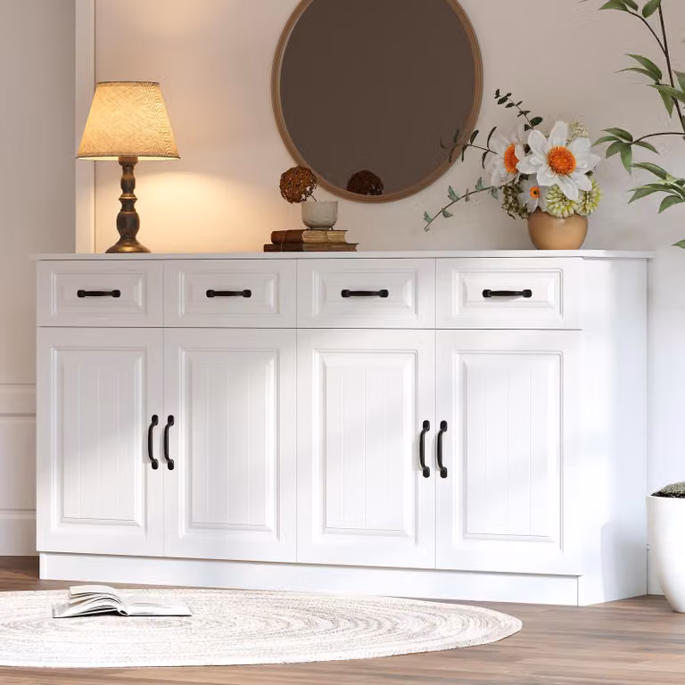 Credenza Merax con 4 ante e 4 cassetti, comò dal design scanalato, mobile da soggiorno in MDF con ripiano, cucina, ingresso, bianco