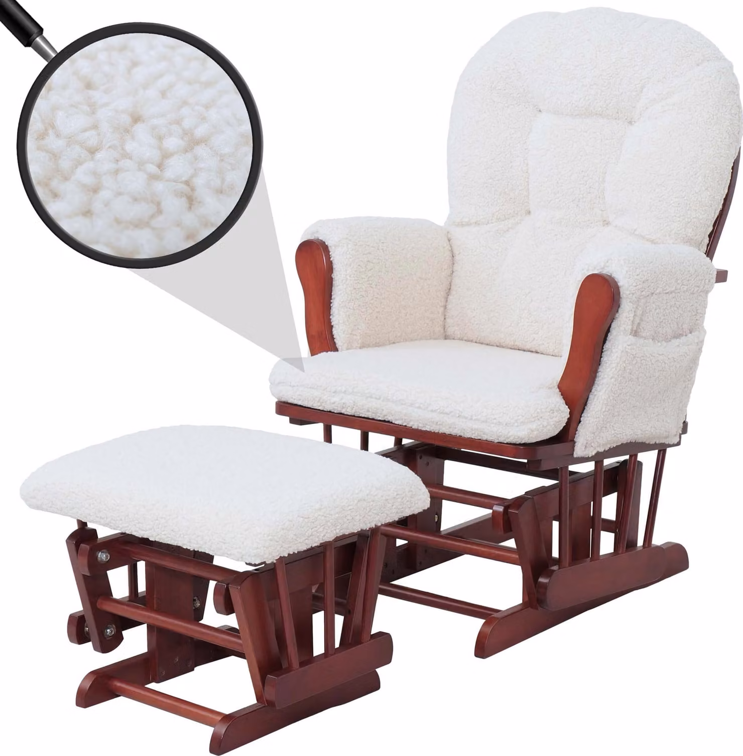 Poltrona relax HWC-C76, poltrona a dondolo, poltrona oscillante + poggiapiedi, rivestimento in tessuto bouclé, circa 480g/m², colore crema, struttura color antracite