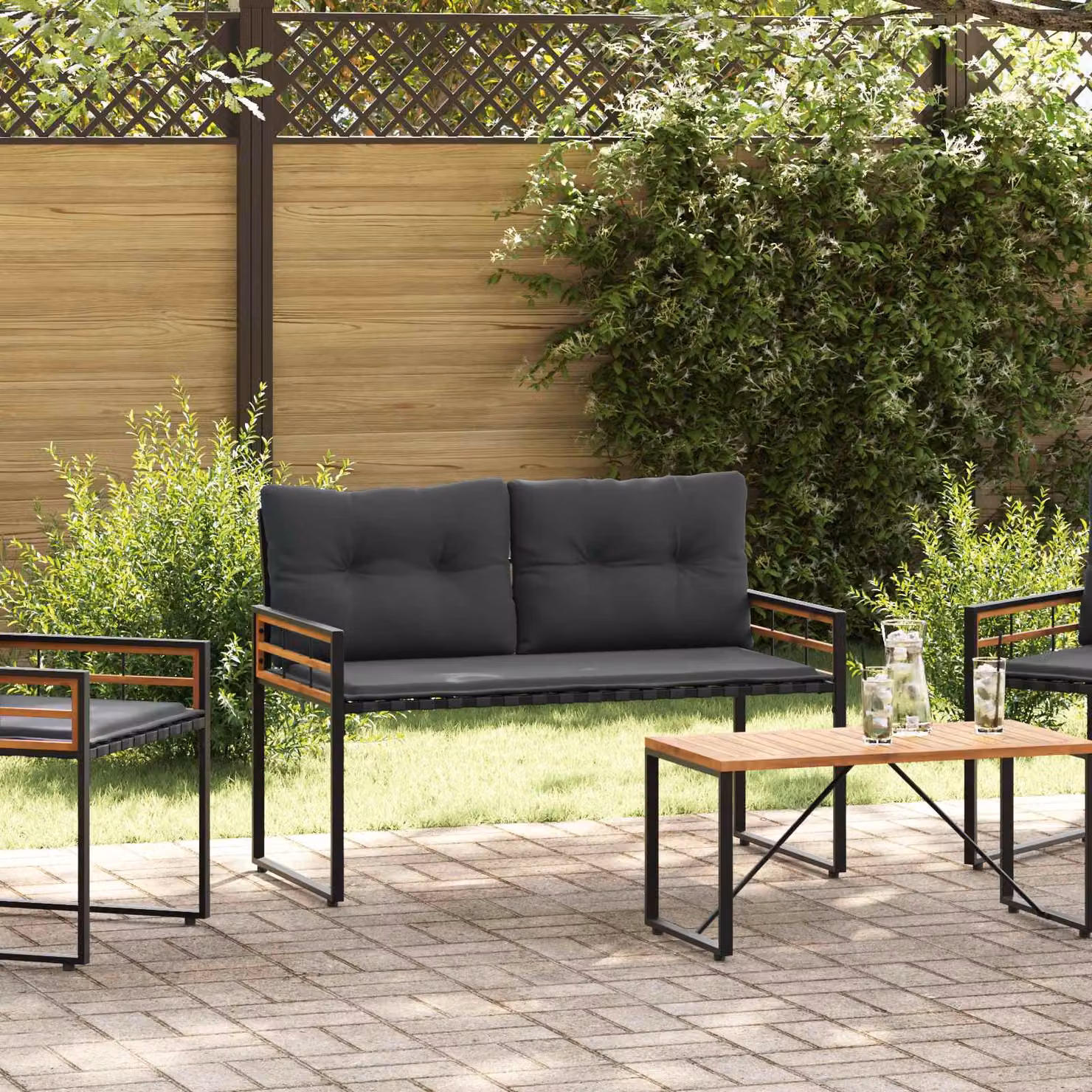Panchetta moderna vidaXL in legno di acacia e acciaio con cuscini rimovibili, Grigio e Nero, L: 114 cm, P: 55 cm, H: 77 cm