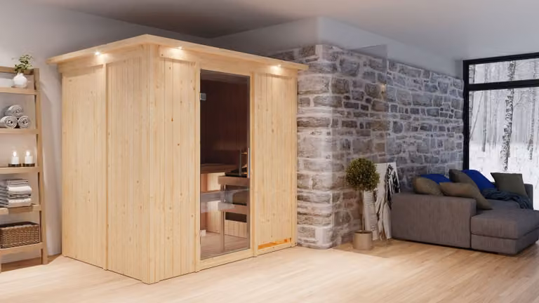 Sauna Bodin: con cornice luminosa sul soffitto: stufa da 9 kW + sistema di controllo integrato: grafite. Porta interamente in vetro. Cornice luminosa sul soffitto. Stufa per sauna: 9 kW, stufa con sistema di controllo integrato. Porta per sauna: porta int