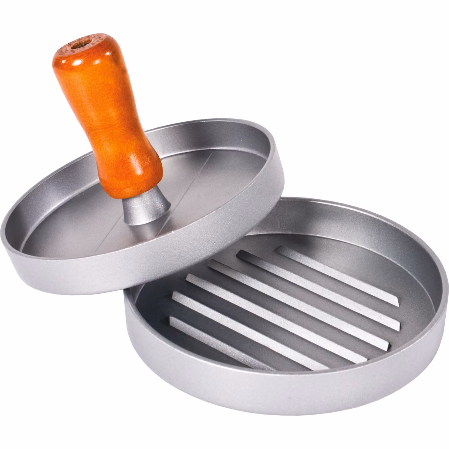 GUSTO CASA Pressa per hamburger in alluminio pressofuso e legno, colore argento, Diametro: 12 cm, Altezza: 8,5 cm