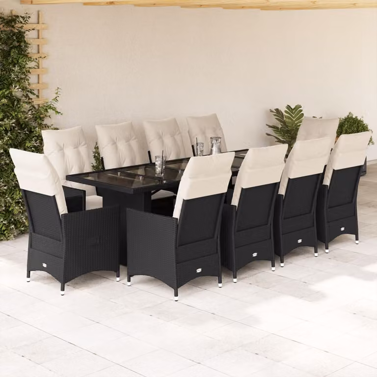 Set da Bistrò da Giardino vidaXL 11 pz in Polyrattan Nero con Cuscini e Piano in Vetro
