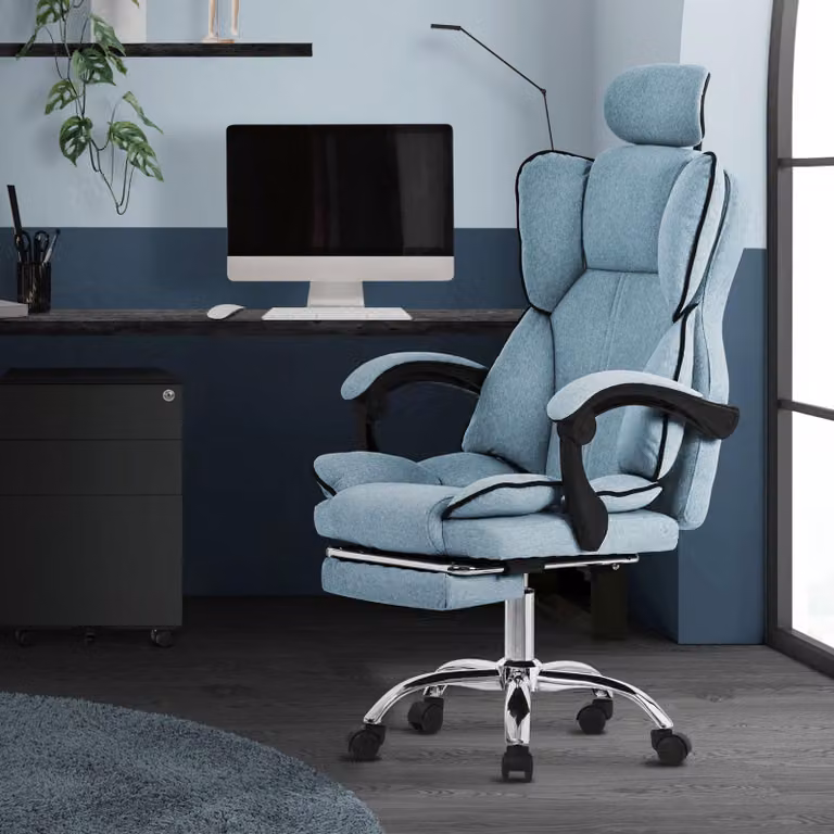 ML-Design sedia da ufficio ergonomica blu, sedia da gioco con schienale alto, sedia girevole con poggiapiedi, cuscino e poggiatesta