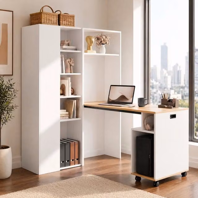 Scrivania pieghevole 2-in-1 con libreria; presa EU; ripiani regolabili; MDF bianco; 104;5 × 30;5 × 160 cm