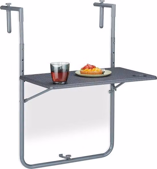 Tavolino da balcone ribaltabile 595 x 60 cm con vaschetta per l'acqua, regolabile su 3 livelli, grigio
