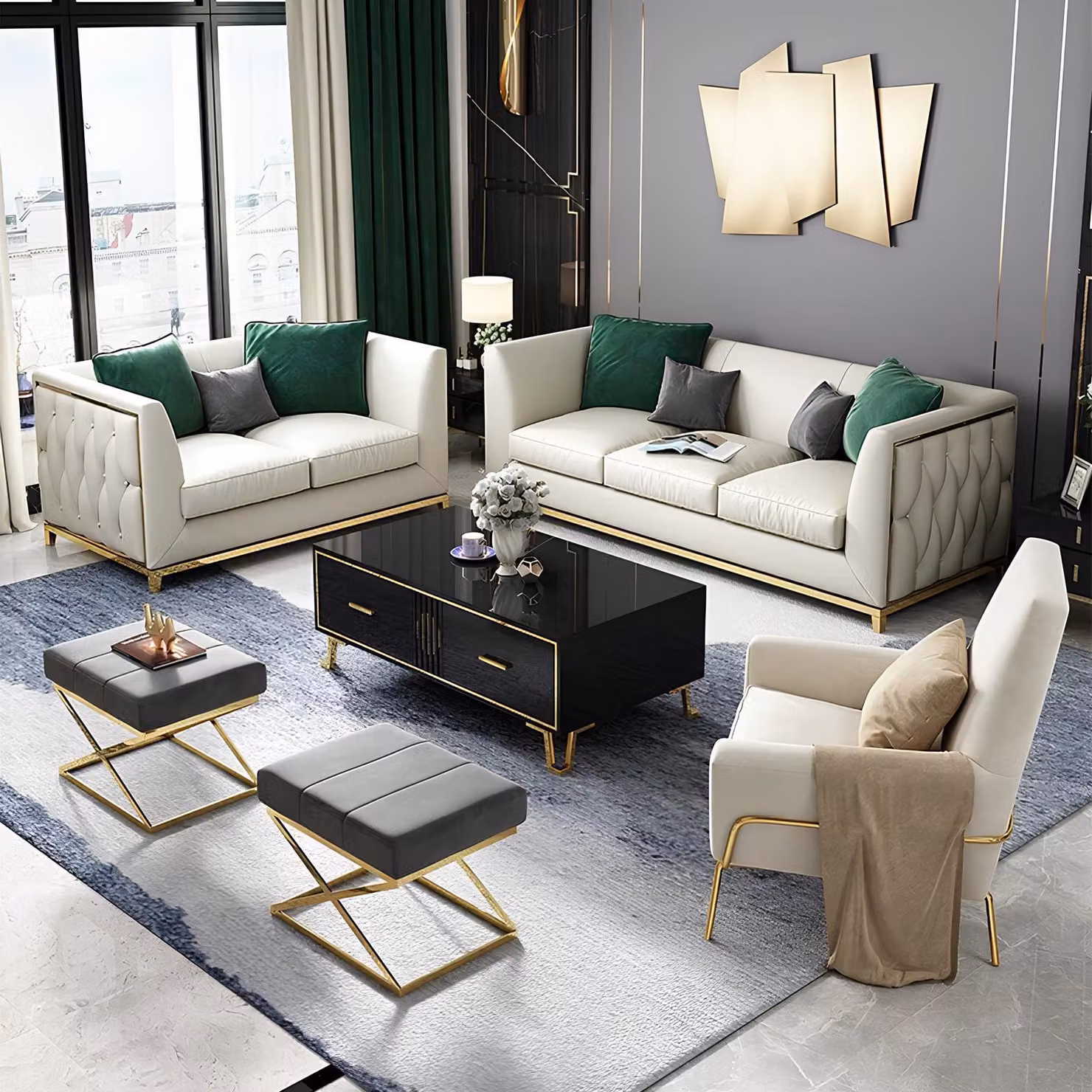 Sofa Polster Sitz Couch Garnitur Leder Wohnzimmer Sofas Set 6tlg Hocker + Tisch