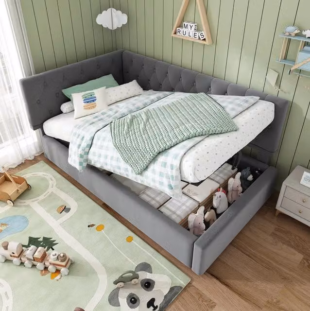 Divano letto 90x200 cm con contenitore idraulico; velluto grigio; testiera reversibile