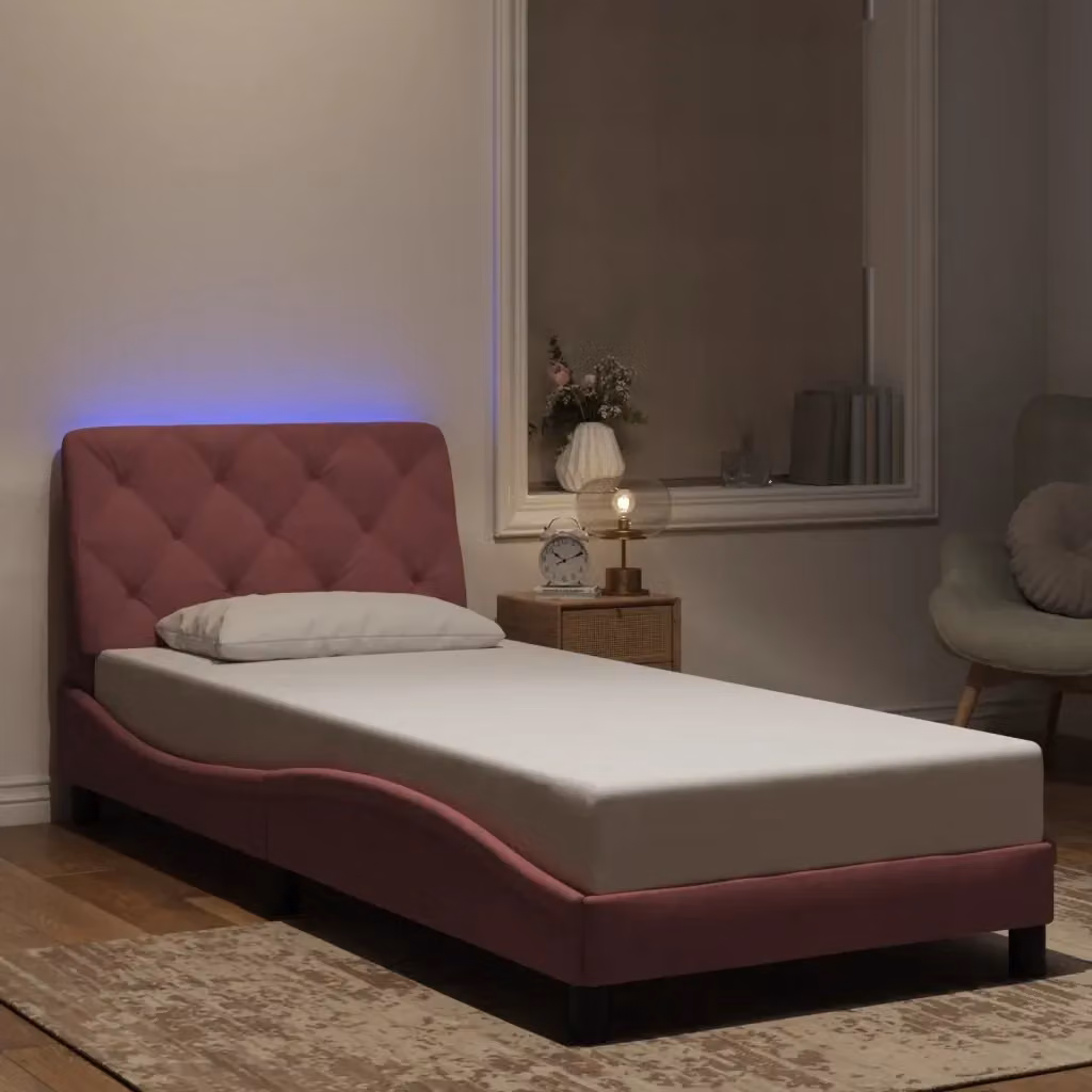 Letto singolo moderno DESIGN IN in velluto rosa con illuminazione LED sottostante e porta di ricarica USB, L/P/H: 200 x 80 cm – 2