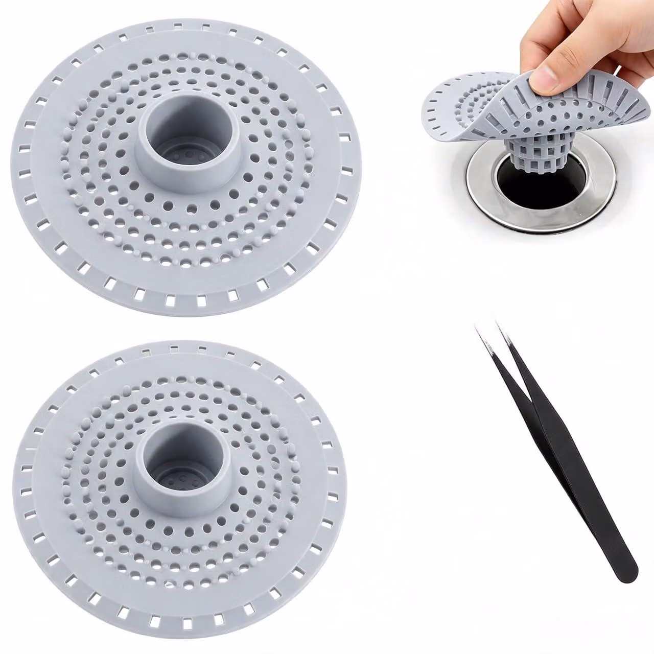 Set da 2 filtri in silicone per scarichi, grigi, flessibili, con pinzette
