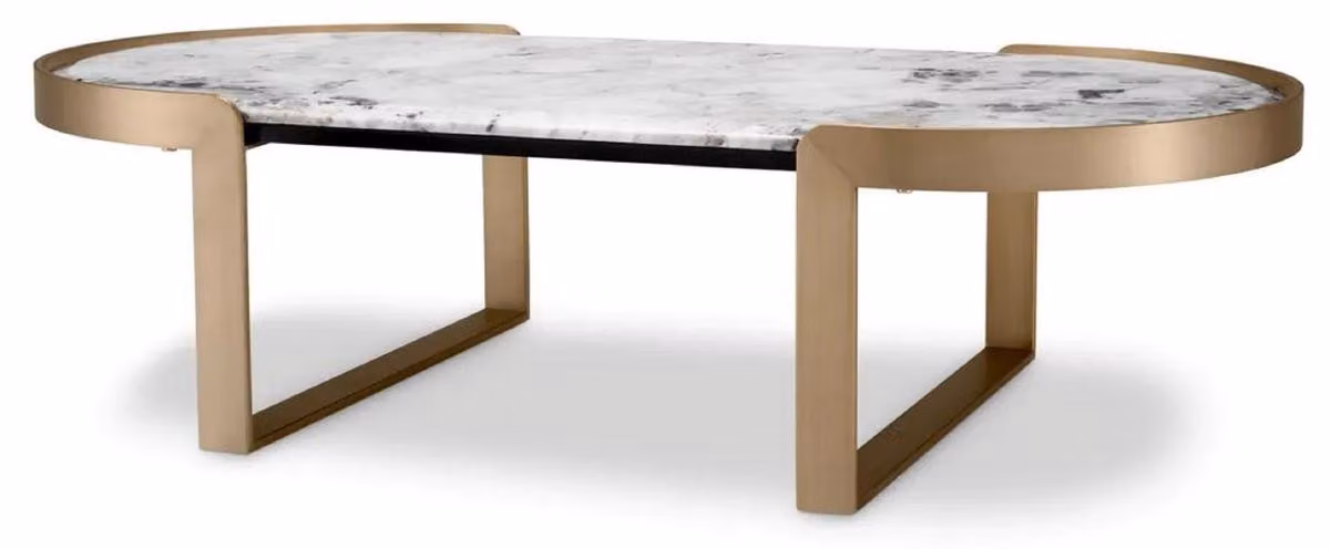 Tavolino Casa Padrino ottone/bianco 120 x 60,5 x h. 32,5 cm - Tavolino ovale con piano in marmo - Mobili Soggiorno - Mobili Lusso - Collezione Lusso