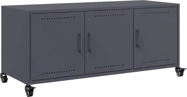Mobile TV in stile industrial con scomparti multimediali e ruote, colore antracite, L/P/H: 100,5 x 39 x 43,5 cm