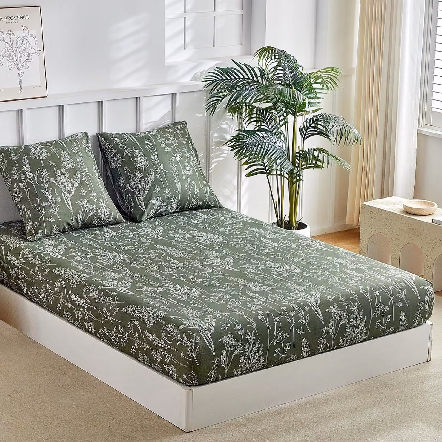 Lenzuolo, 160 x 200 cm, per letto matrimoniale, altezza del materasso 35 cm, con 2 federe da 65 x 65 cm, in morbida microfibra, con motivo floreale