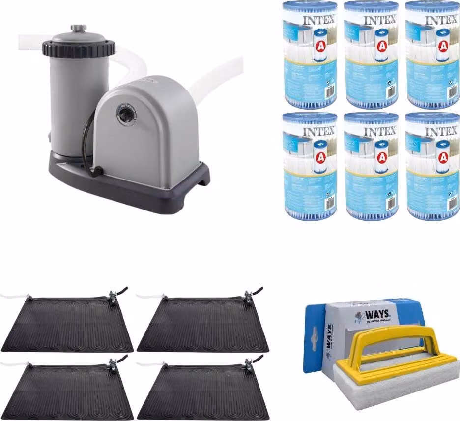 WAYS - Cura della piscina - 4x riscaldatore per piscina e pompa filtro 5678 L/u e 6 filtri di tipo A & spazzola WAYS per il lavaggio