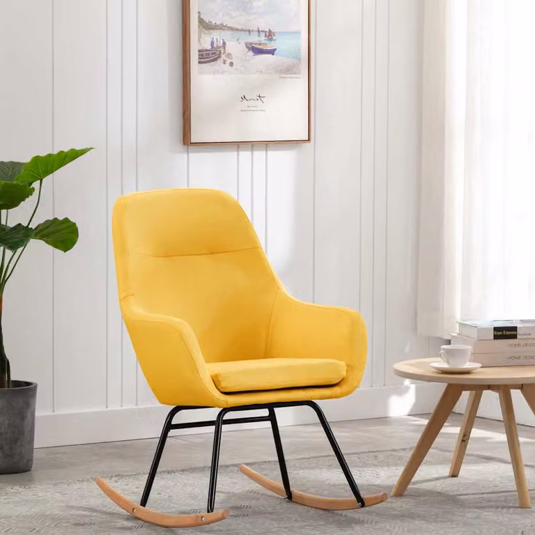 Sedia a dondolo vidaXL in tessuto giallo senape con struttura in legno di faggio e metallo, H 110 x L 80,5 x P 89 cm