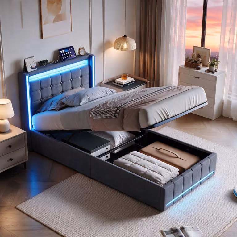 Letto imbottito INONEFT 90x200 con spazio contenitore, letto per ragazzi con LED e porte USB/Tipo C, letto con sistema di sollevamento idraulico, letto singolo con rete a doghe, tessuto in lino, colore grigio