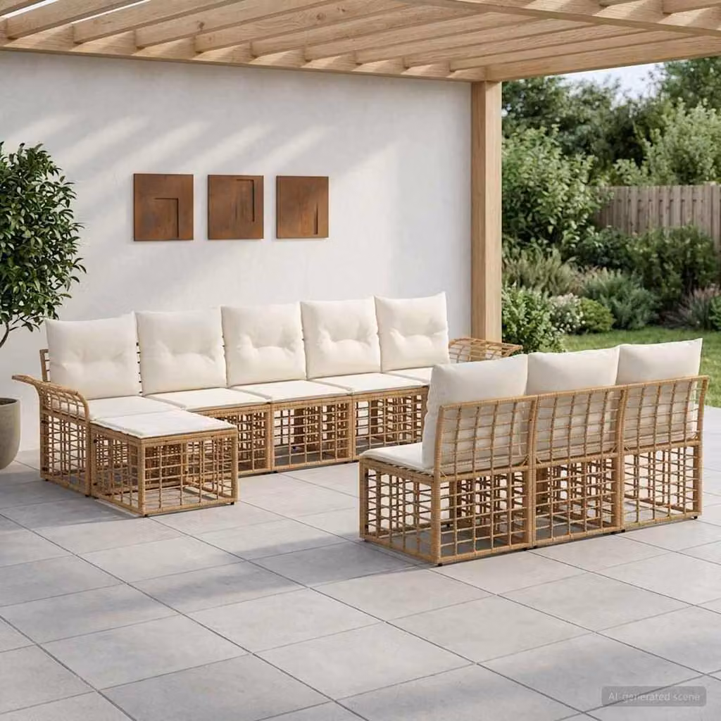 Maison Exclusive - Set da esterno per divano, 9 pezzi. Tessuto in poliestere, colore naturale e crema