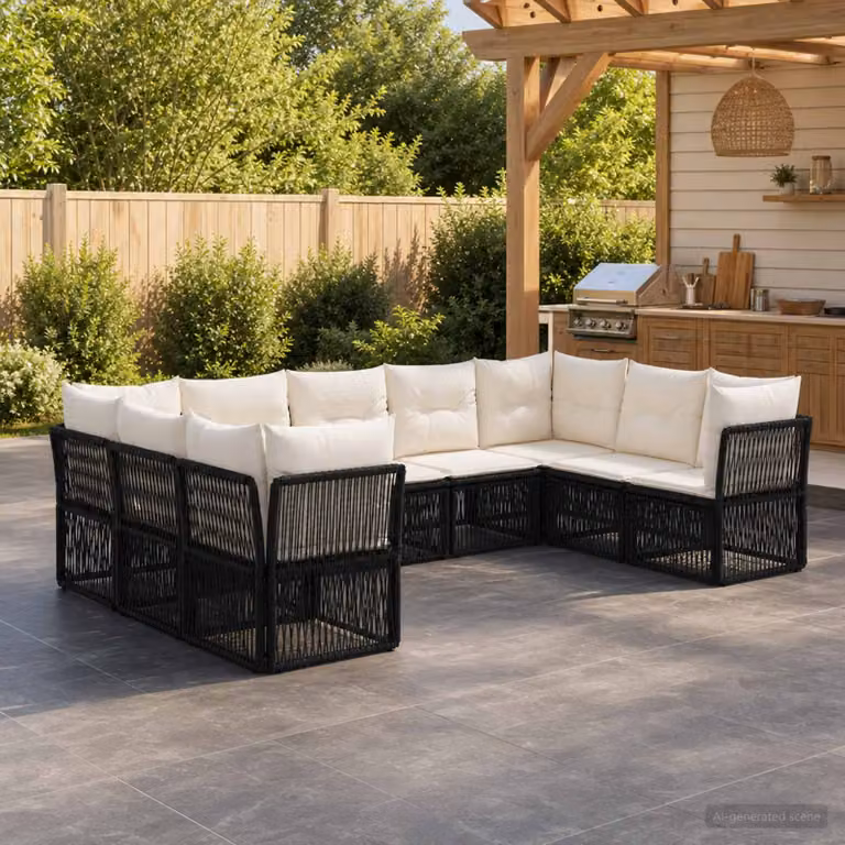 Set Divano da Giardino vidaXL 9 pz a Forma a L con Cuscini Nero in Polyrattan e Metallo