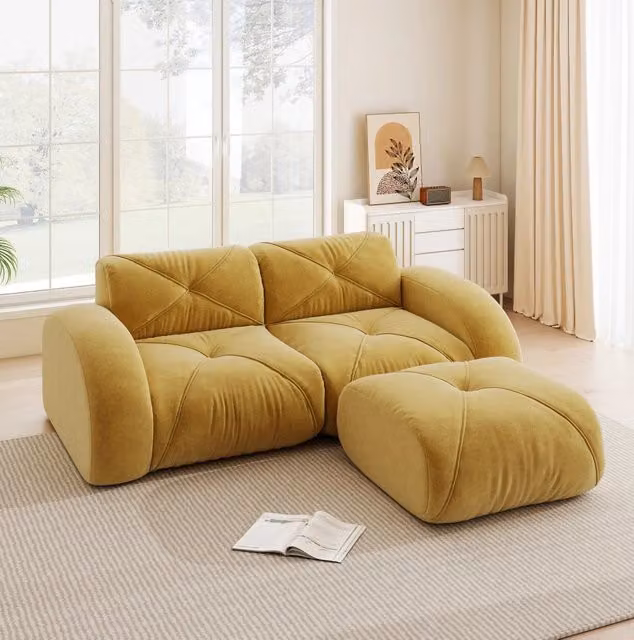Divano modulare 2 posti con pouf in chenille gialla; 204x171x76 cm