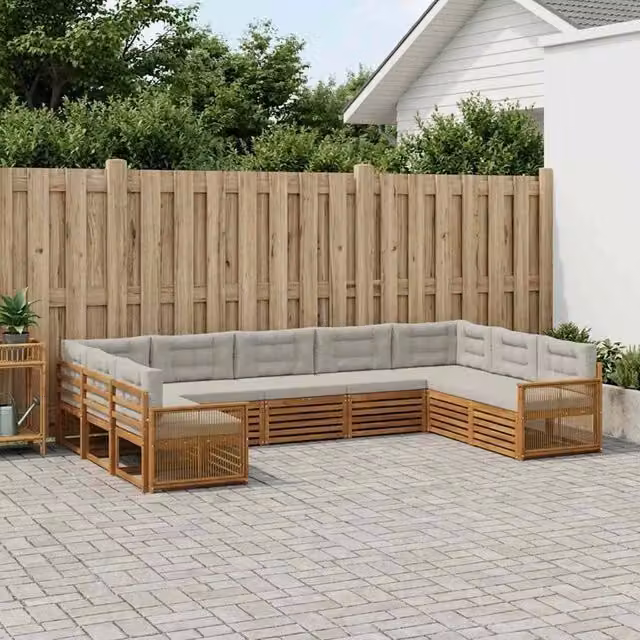 Set di divani da esterno a L vidaXL in legno di acacia con cuscini beige e grigi – 1