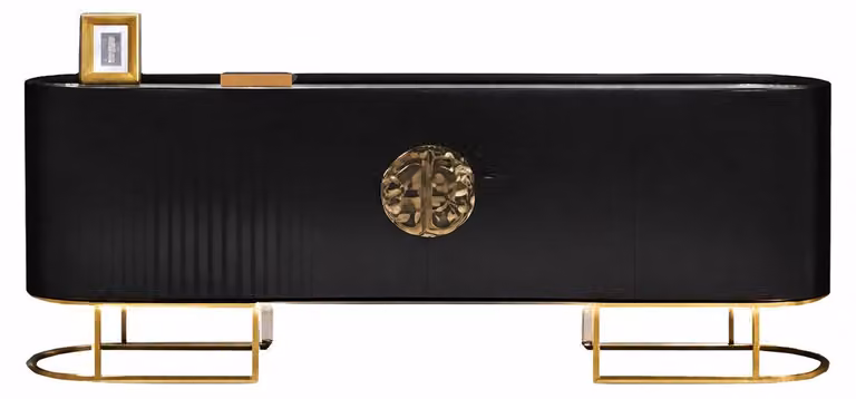 Credenza moderna nera con dettagli dorati e piano in vetro
