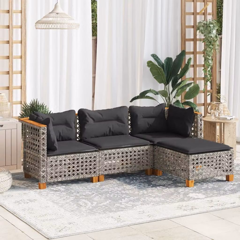 vidaXL Set Divani da Giardino 4 pz in Polyrattan Grigio con Cuscini e Struttura in Legno di Acacia – 1