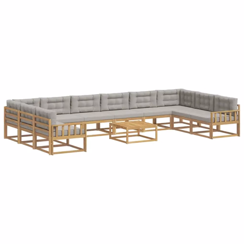 Set di divani da esterno vidaXL in legno di acacia con cuscini, 11 pezzi, Bianco, Grigio e Marrone – 2