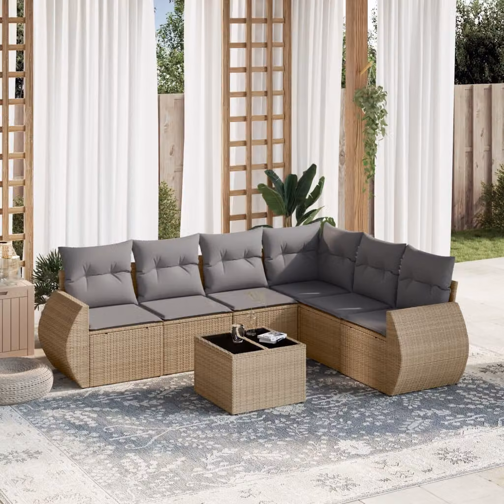 Set di divani da giardino vidaXL 7 pz a forma di L con cuscini beige e tavolino in vetro e rattan – 1