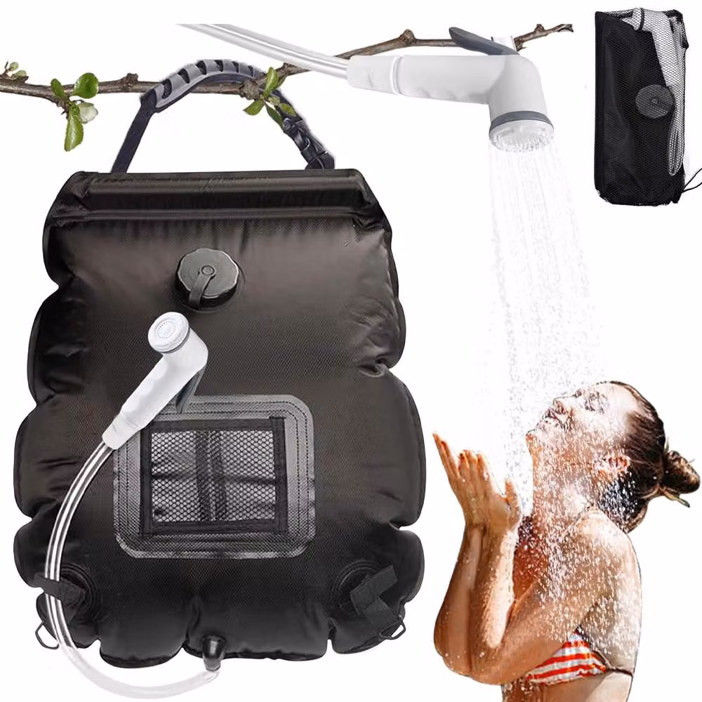 Doccia solare da 20 litri - Doccia da campeggio con soffione e termometro - Doccia solare per campeggio - Doccia da esterno - Ideale per campeggio e viaggi - Colore: nero