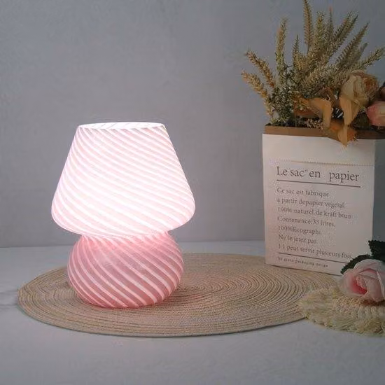 Lampada da notte in vetro, piccola, a righe, rosa, lampada da camera da letto