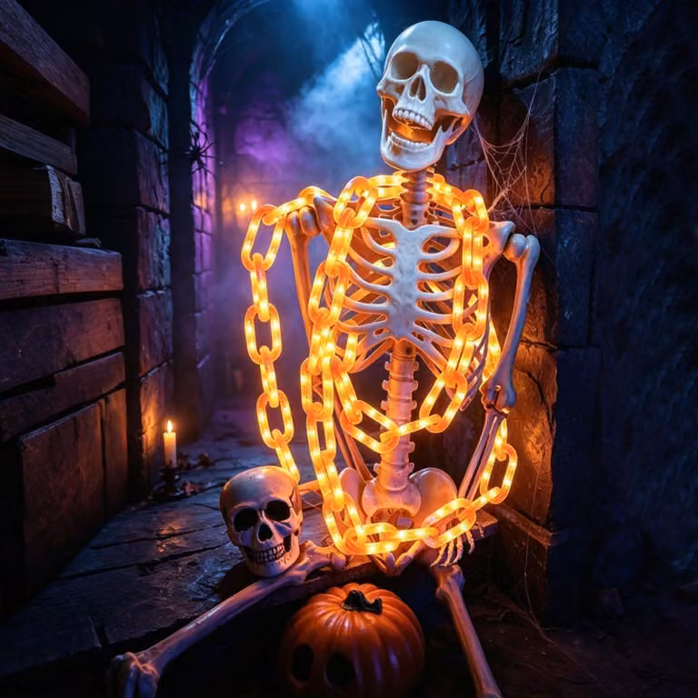 Catena luminosa a tema Halloween, 2 metri, 100 LED, 25 elementi, 8 modalità, alimentata a batteria