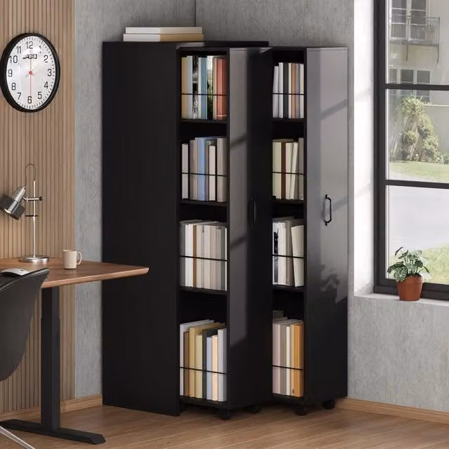 Libreria Scaffale Estendibile Minimal con Ruote in MDF e Metallo, 4 Livelli, Nero Opaco