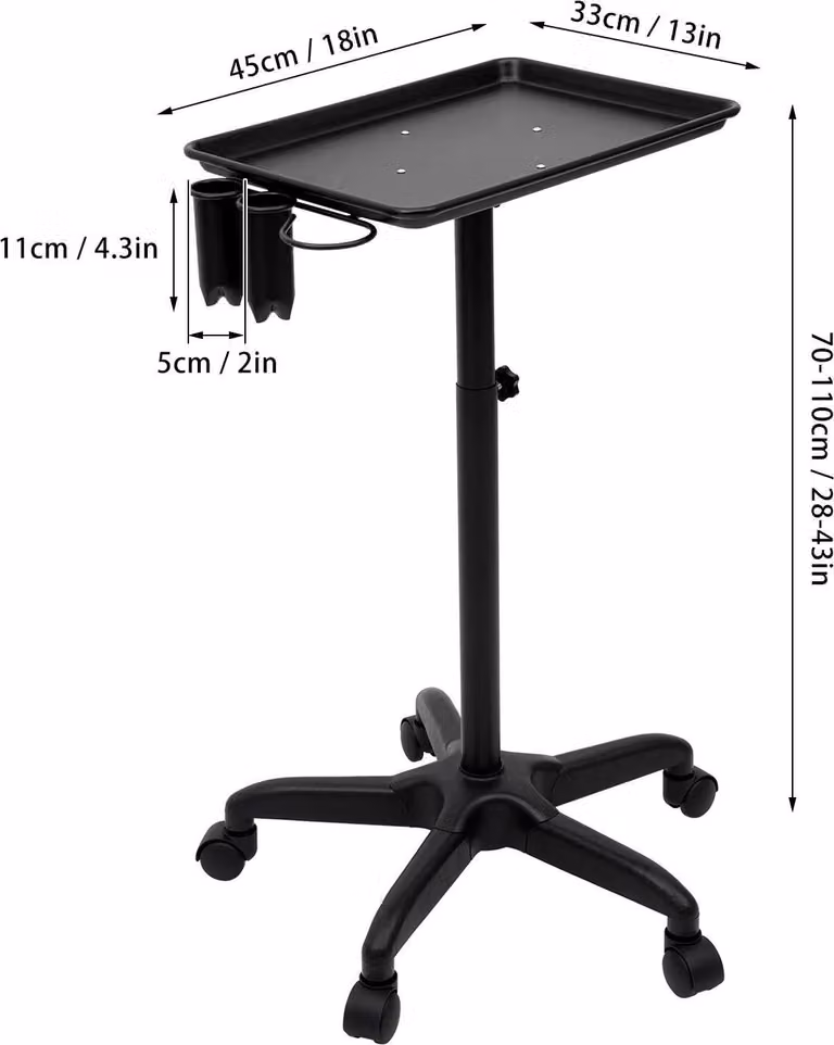 Carrello porta attrezzi da parrucchiere - Carrello da salone - Regolabile in altezza, con rotelle, telaio in metallo, lega di alluminio, montaggio richiesto, ripiano in plastica - Nero