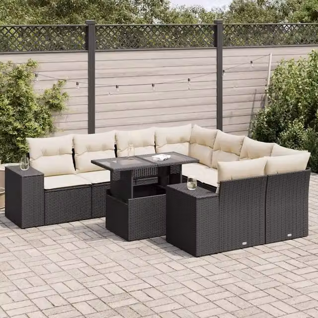 Set Divani da Giardino 9 pz con Cuscini Nero in Polyrattan 3326767
