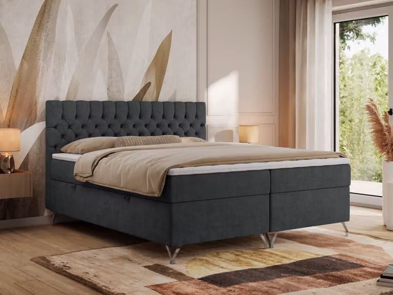 Letto boxspring MKS MEBLE 160x200, letto 160x200 con materasso H3, letto boxspring 160x200 con contenitore e topper, letto imbottito 160x200 con piedini - GRIMALDI - 160x200 - Grigio scuro testurizzato - H3