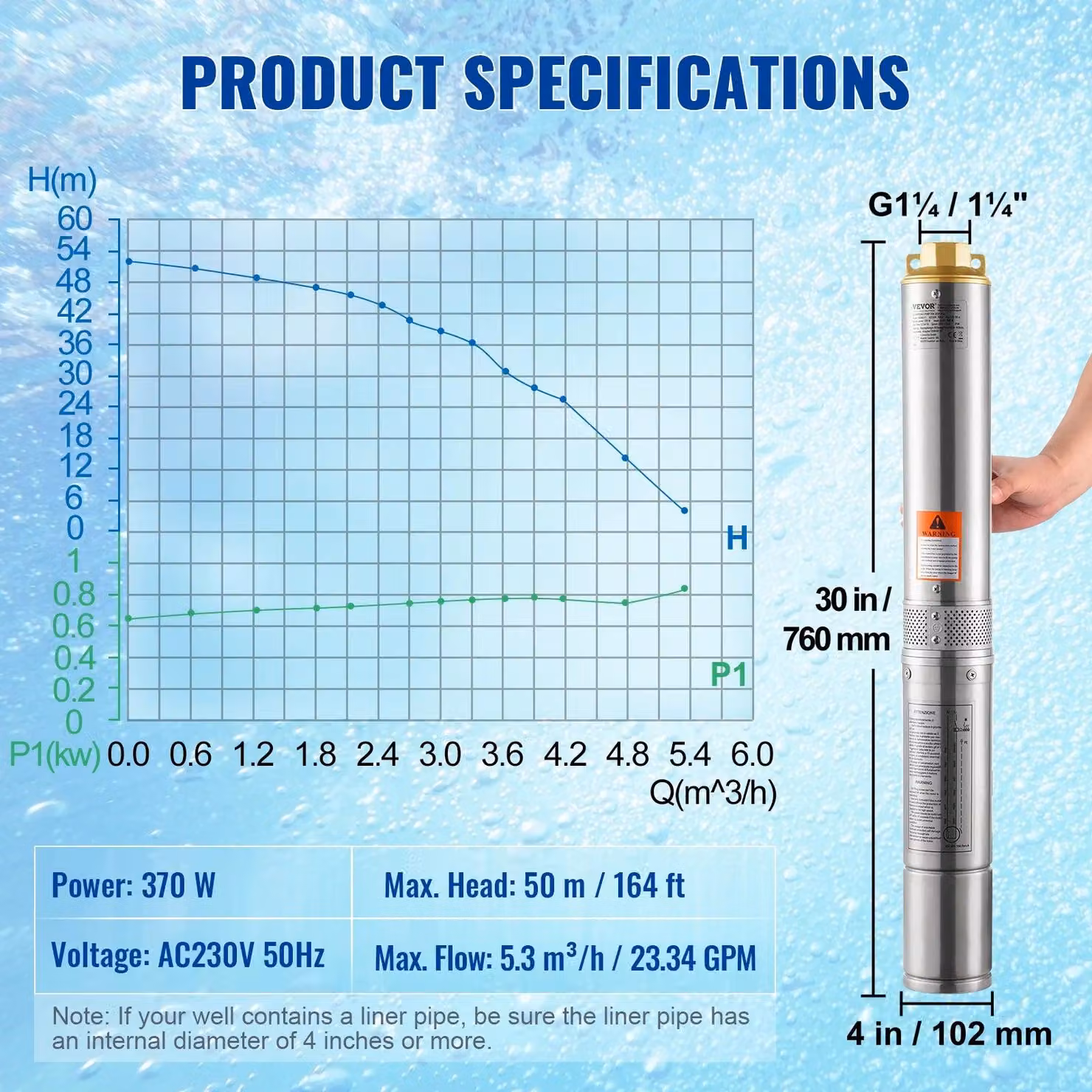 Pompa sommergibile - Pompa per acqua - Pompa - 370W - Costruzione in acciaio inossidabile, 230V, per pozzi e irrigazione - Pompa per giardino