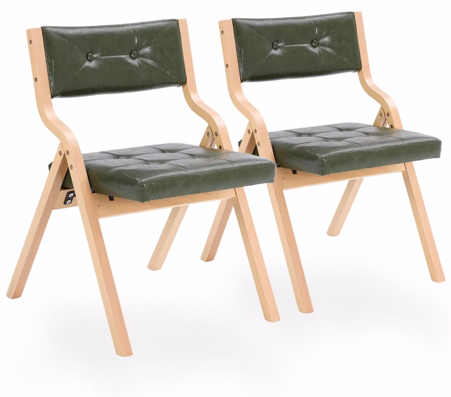 Set di 2 sedie da pranzo pieghevoli, rivestite in ecopelle, con struttura in legno curvato, colore naturale/verde oliva