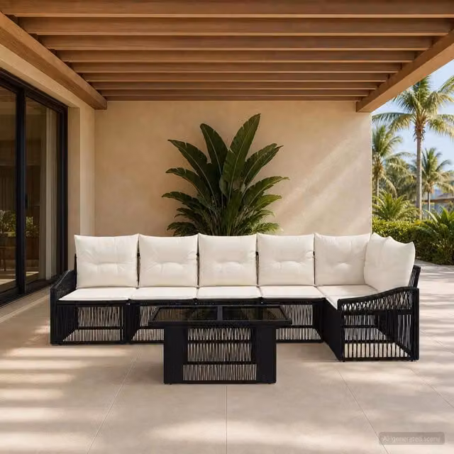 Set Divano da Giardino 7 pz Nero e Bianco Crema polyrattan 3437251