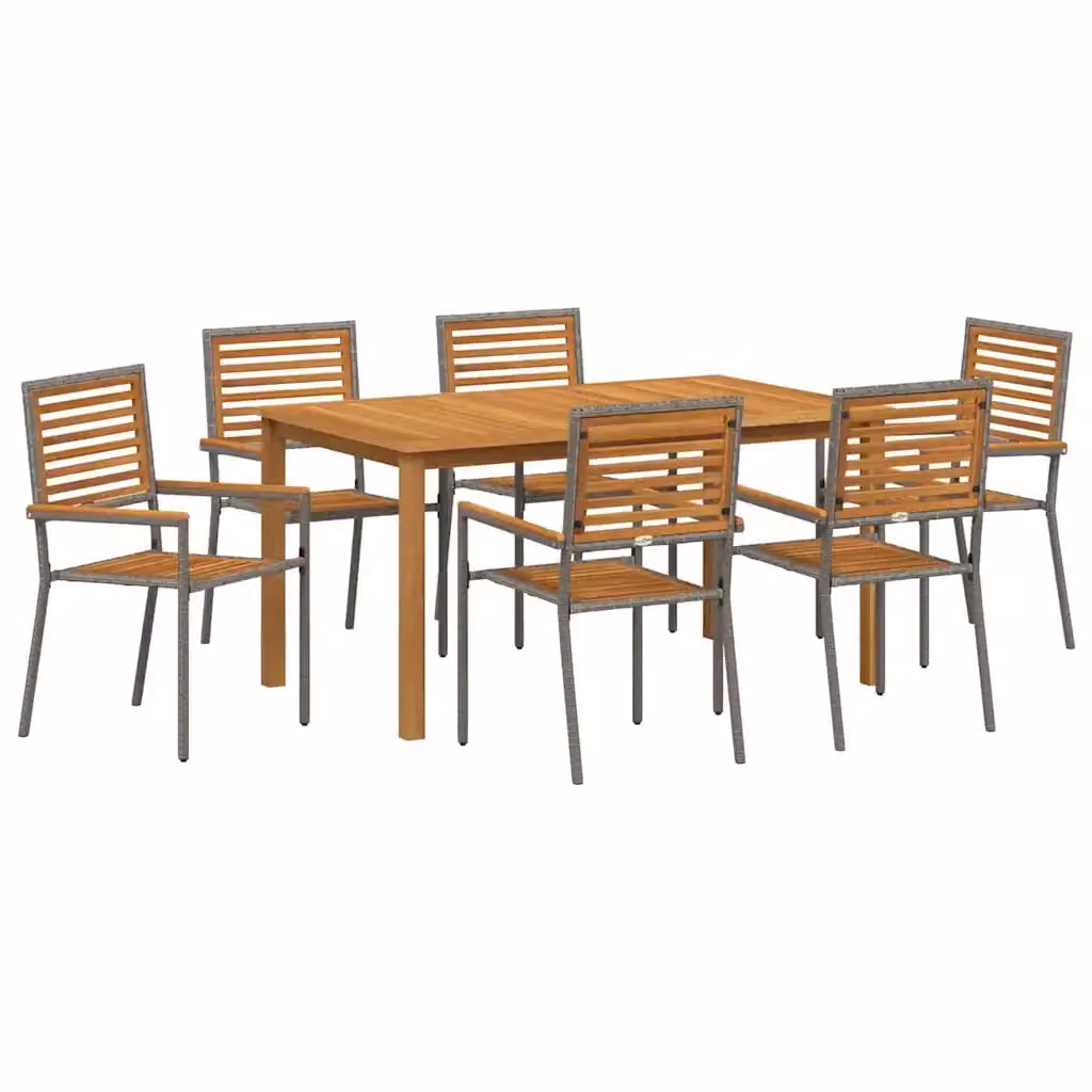 Set da pranzo per giardino e terrazzo vidaXL in rattan e legno di acacia, 7 pezzi, grigio e marrone – 2