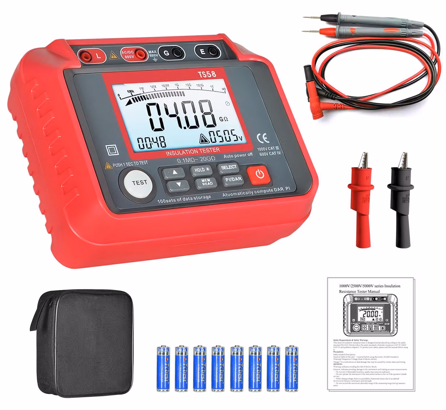 Tester di isolamento digitale, 1000V, 20 GΩ, con registrazione dati, test PI/DAR