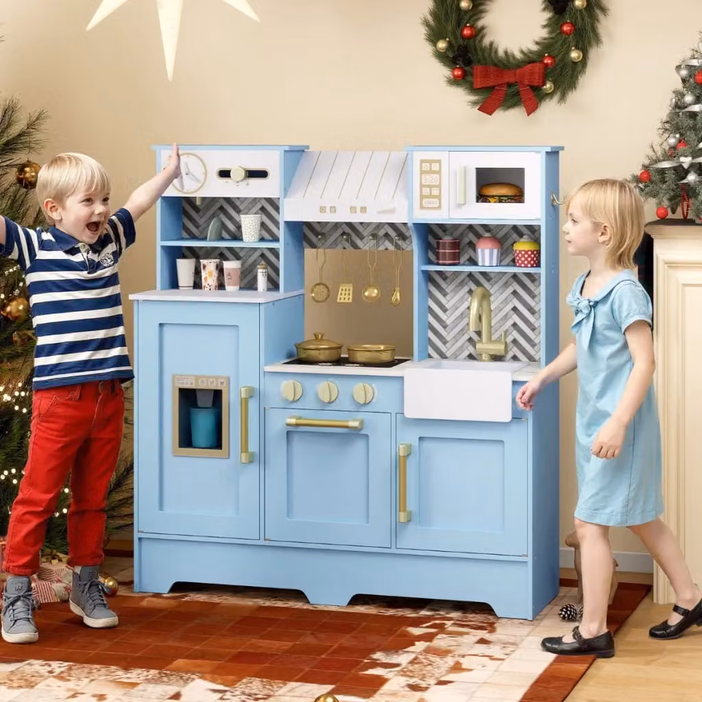 Cucina da gioco in legno per bambini con forno a microonde e distributore di ghiaccio, colore blu – 2