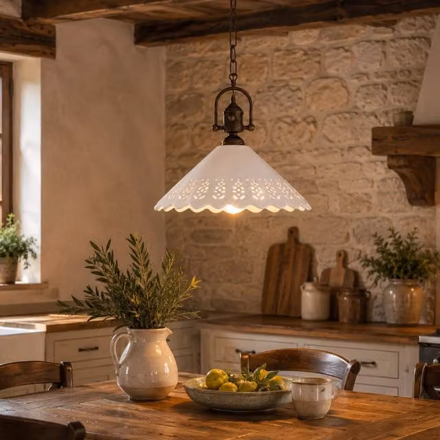 VOLTERRA Lampadario a Sospensione Ø40 in Ceramica Bianca Traforata e Ottone Anticato